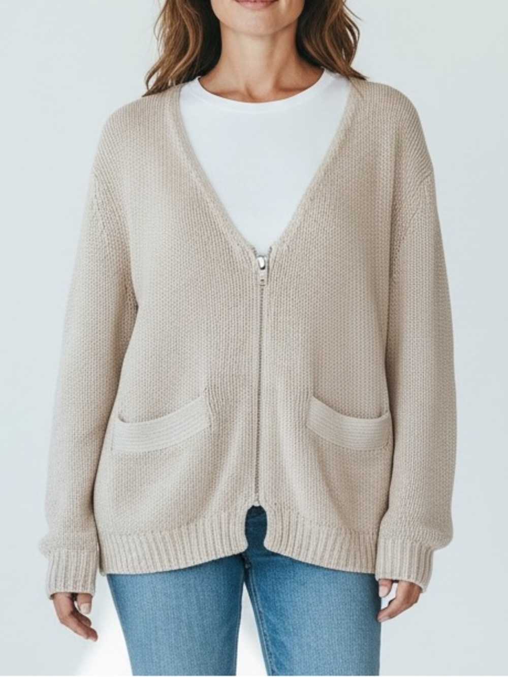 Chunky Knit Cardigan Womens Cream Zip Front Sweater Pockets Oversize Divided H&M